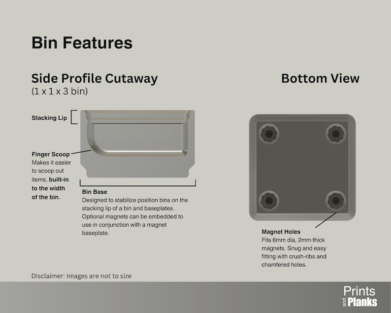 Display features, such as a stacking lip, the finger scoop, the bin base, and magnet holes in the base