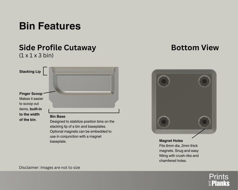Display features, such as a stacking lip, the finger scoop, the bin base, and magnet holes in the base
