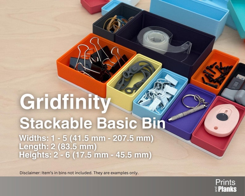 Gridfinity Stackable Basic Bin, sizes from 41.5mm Width x 83.5mm Length to 207.5mm Width x 83.5mm Length, and from 17.5mm Height to 45.5mm Height