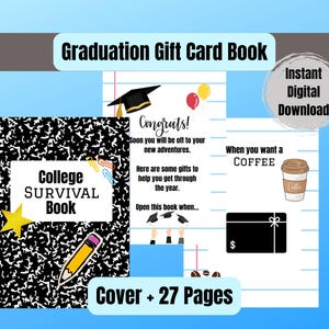 Afstudeercadeaukaart boek, digitaal bestand, afdrukbaar, overlevingscadeau studenten, 2025 middelbare school afstudeercadeau, zorgpakketidee
