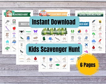 May include: Six printable scavenger hunt game cards for kids. The cards feature different themes: Home, Road Trip, Camping, Nature. Each card has a grid of images to find. The text on the cards reads "Kids Scavenger Hunt" and "Instant Download".