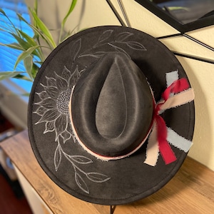 Custom Hand Burned Hat | Black & Red Sunflower