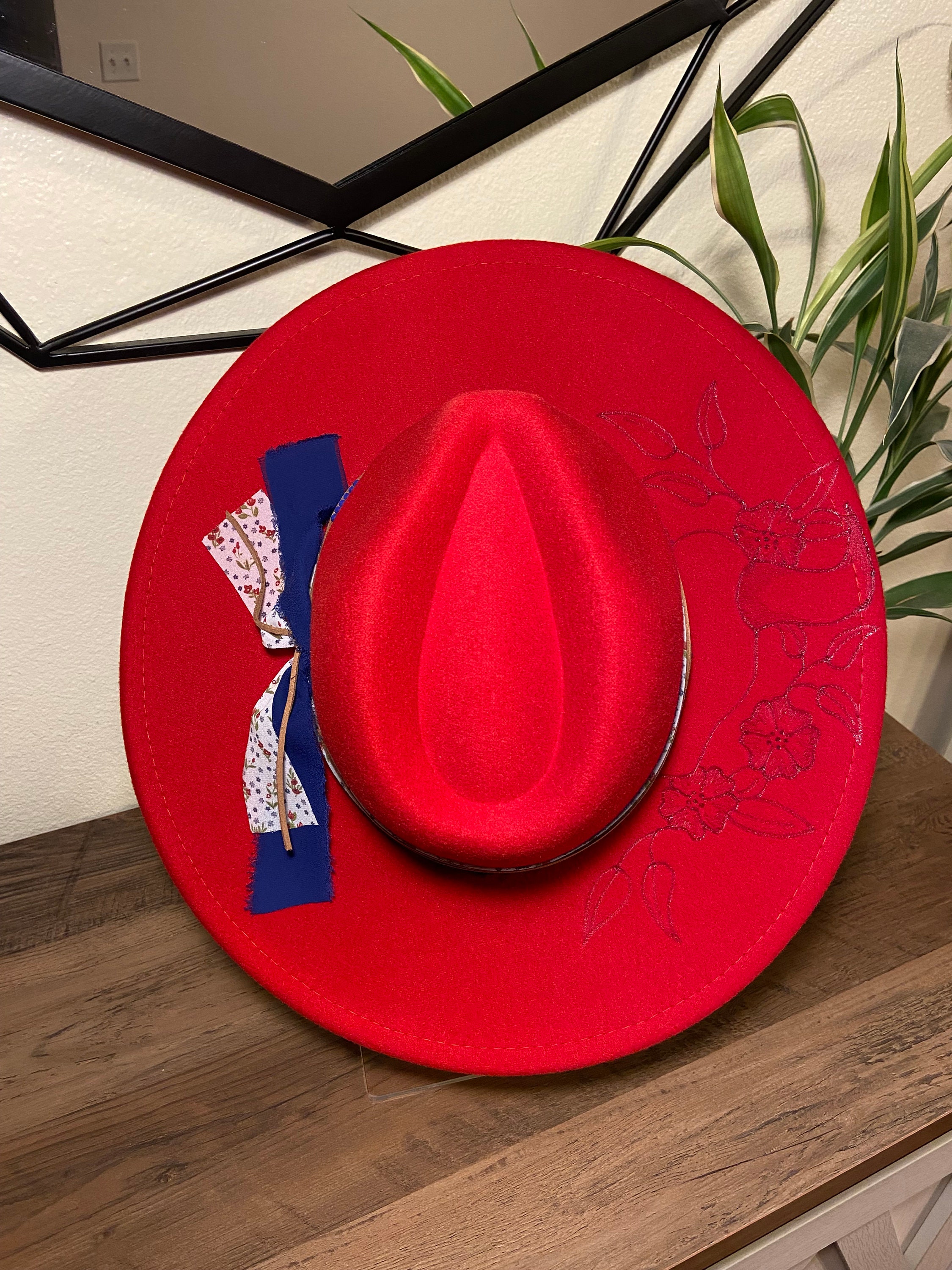 Custom Hand Burned Hat | Red Bull Skull and Flowers