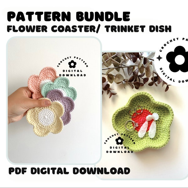 Crochet Flower Coasters and Trinket Dish Pattern Bundle | Crochet Pattern | Trinket Dish | PDF Pattern | Coasters | Jewellery | Gifts