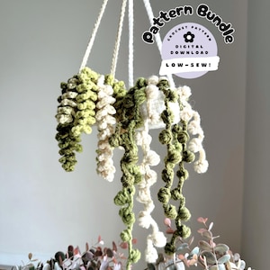 May include: Crochet pattern bundle for a hanging plant with green and white yarn. The pattern is a digital download and is low-sew. The image shows the finished product.