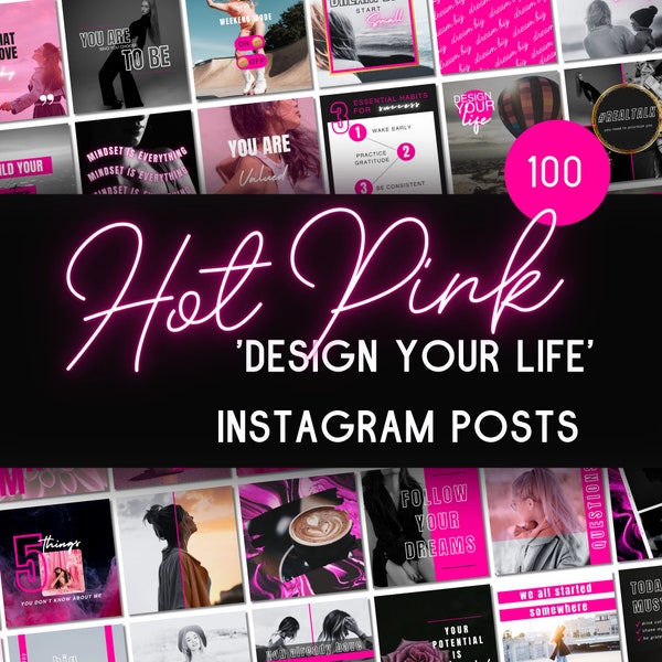 100 Hot Pink and Black Social Media Canva Post Templates in Stylish Aesthetic Bold Design Instagram Graphics for Influencers and Creators