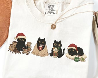 Christmas Black Cat Coffee Shirt, Cute Cat Coffee Shirt, Coffee Lover Cat Shirt, Cute Coffee Shirt,Christmas Coffee Shirt,Coffee Lover Shirt