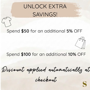 May include: A promotional graphic with the text "UNLOCK EXTRA SAVINGS!" and details on discounts. Includes illustrations of a t-shirt and shopping bag. The text states discounts of 5% and 10% off are applied automatically at checkout.