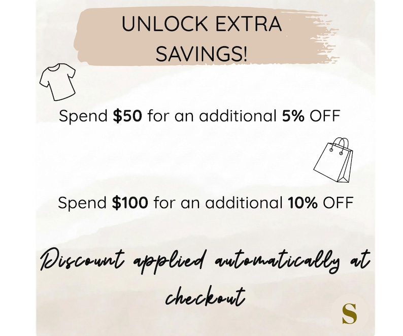 May include: A promotional graphic with the text "UNLOCK EXTRA SAVINGS!" and details on discounts. Includes illustrations of a t-shirt and shopping bag. The text states discounts of 5% and 10% off are applied automatically at checkout.