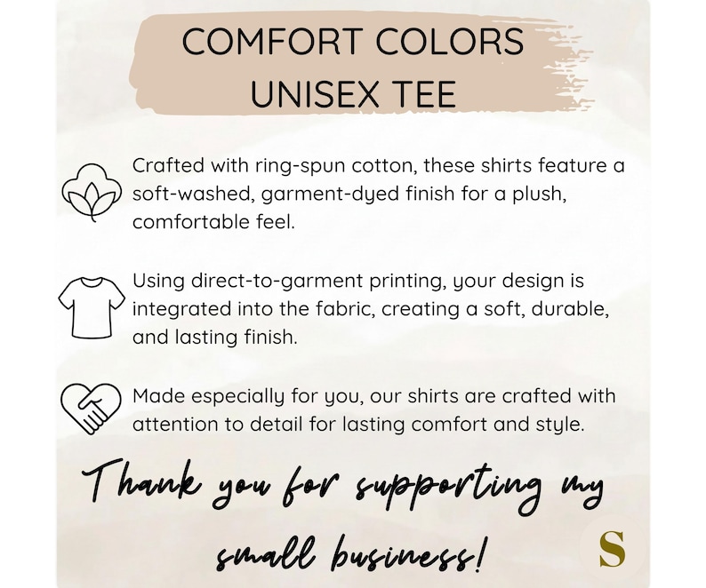 Puede incluir: Gr&aacute;fico color crema con el texto "COMFORT COLORS UNISEX TEE" y detalles sobre las caracter&iacute;sticas de la camiseta. El texto incluye "Thank you for supporting my small business!"