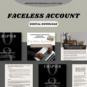 May include: A digital download guide for creating a faceless account on social media. The guide includes tips on optimising your profile, using clever hooks and calls to action, and how faceless accounts work. The guide features a black and white image of a person's hands typing on a laptop.