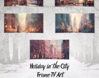 New York Holiday for Frame TVs| Christmas Trees and Snow in the City Wallpaper| Winter Samsung Frame TV Art| Artwork for Flat Screen TV