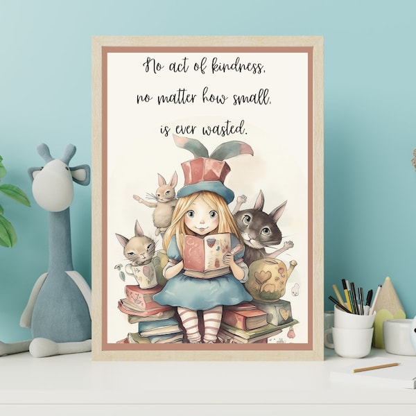 Girl Reading to Animals Nursery Poster — Inspiring Aesop's Fables Quote — Gentle Pastel Literary Art for Baby/Kid Room