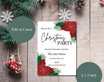 May include: A white Christmas party invitation with red poinsettia and green holly illustrations. The text reads "Join us for a Christmas Party, Saturday December 2nd 2023, The Lake House, 123 Ocean Road, City, RSVP Jane on 0559 706 123".