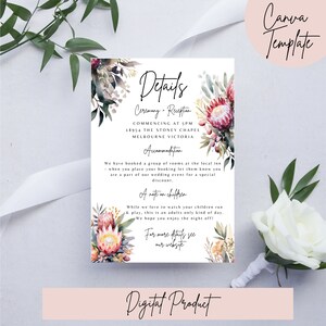 Op de afbeelding: Een afdrukbare kaart met details over de bruiloft met een aquarelbloemendesign met protea's. De kaart bevat informatie over de ceremonie en de receptie, de accommodatie en een notitie over kinderen. De tekst luidt "Details", "Ceremonie & Receptie", "COMMENCING AT 5PM", "18954 THE STONEY CHAPEL", "MELBOURNE VICTORIA", "Accommodatie", "We hebben een groep kamers in de lokale herberg geboekt - wanneer u boekt, laat hen weten dat u deel uitmaakt van onze bruiloftsgelegenheid voor een speciale korting.", "Een notitie over kinderen", "Hoewel we het leuk vinden om uw kinderen te zien rennen en spelen, is dit een dag voor volwassenen. We hopen dat u van de avond geniet!", "Voor meer details, zie onze website".