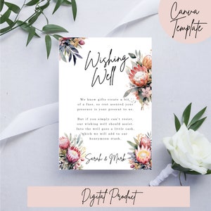 Australian Floral Wishing Well Card Template, Wedding Wishing Well Cards, Canva Template, Editable Template, Instant Download