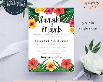 May include: A white wedding invitation with floral and tropical leaf accents. The invitation includes the names "Sarah & Mark", event details, and the text "Digital Product". The invitation is 5 x 7 inches.