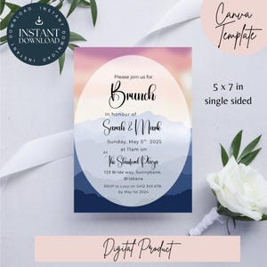 Könnte beinhalten: Digitale Einladungsvorlage für ein Brunch-Event. Das Design zeigt einen Farbverlaufshintergrund mit Bergsilhouetten und den Text "Brunch" sowie Eventdetails. Die Einladung ist 12,7 x 17,8 cm groß und einseitig.
