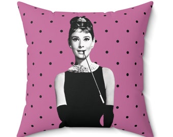 AUDREY HEPBURN Pink Pillow Old Hollywood Vintage Aesthetic Square Throw Pillow Polka Dot GIFT for Fan