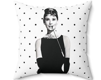AUDREY HEPBURN Pillow Old Hollywood Vintage Aesthetic Square Throw Pillow Black and White Polka Dot Gift for Fan