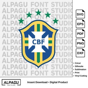 Puede incluir: Gráfico digital con el escudo de la Confederación Brasileña de Fútbol (CBF) en azul, amarillo y verde, con cinco estrellas verdes encima. Incluye iconos de formato de archivo: SVG, EPS, PDF, PNG y DXF. Texto: "Descarga instantánea • Producto digital."