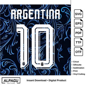 May include: Digital design featuring the word "ARGENTINA" above the number "10" in white, set against a dark blue floral pattern. Includes file type icons and text indicating digital product and font studio.