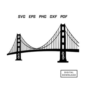 May include: Black and white line art illustration of the Golden Gate Bridge. The image includes the text "SVG EPS PNG DXF PDF" at the top and "DIGITAL DOWNLOAD" in a box at the bottom. The bridge is a suspension bridge.