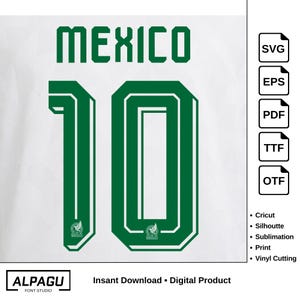 Mexikos bortafotbollstypsnitt, mexikanska fotbollströjnummer, VM 2026-stiltypsnitt, Cricut Silhouette Cut File