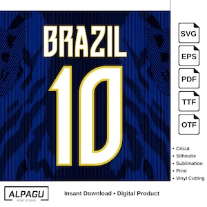 Puede incluir: Un diseño digital con la palabra "BRAZIL" en blanco, encima del número "10" en blanco con contorno dorado, sobre un fondo azul oscuro con un patrón texturizado. Incluye iconos de tipo de archivo.