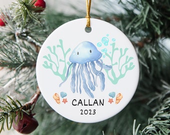 Personalized Jellyfish Ornament, Watercolor Jellyfish Decor, Kids Ornament, Jellyfish Lover Gift, Ocean Ornament, Beach Ornament