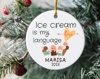 Personalized Ice Cream Ornament, Custom Name Ice Cream Lover Gift, Ice Cream Dessert Decor, Food Ornament Keepsake, Kids Ornament