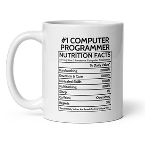 May include: White ceramic mug featuring a black and white graphic of a nutrition facts label for a computer programmer. The label lists the percentage daily value for various traits, including Hardworking, Devotion & Care, Unrivaled Skills, Multitasking, Sleep, Caffeine, and Regrets.