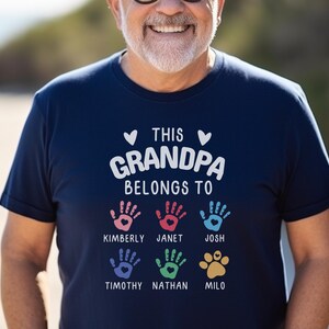 Personalized Grandpa Gift, Grandpa With Grandkids Name, Custom Handprint Grandfather Tshirt For Father-In-Law, Father&#39;s Day Gift