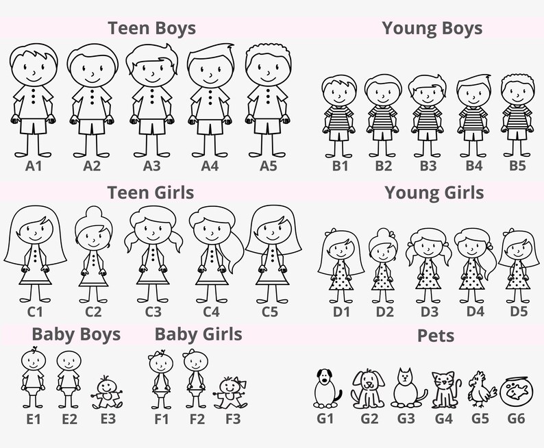 Puede incluir: Ilustraciones en blanco y negro de figuras de palitos de personas en diferentes grupos de edad, etiquetadas como "Teen Boys", "Young Boys", "Teen Girls", "Young Girls", "Baby Boys", "Baby Girls" y "Pets".
