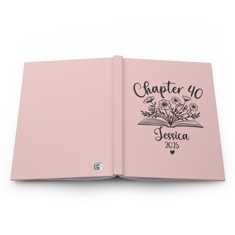 May include: A pink book with the text "Chapter 40 Jessica 2025" and a black and white illustration of a book with flowers on top.