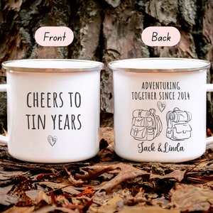 10 Year Anniversary Gift For Husband, 10th Wedding Anniversary Gift For Wife, Hiking Couple Camper Mug, Custom Outdoor Adventure Enamel Cup