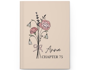 Personalized 75th Birthday Gift, 75 Birthday Journal, Custom Coquette Bow Birth Flower Notebook, Chapter 75 Hardcover Journal For Wife Mom