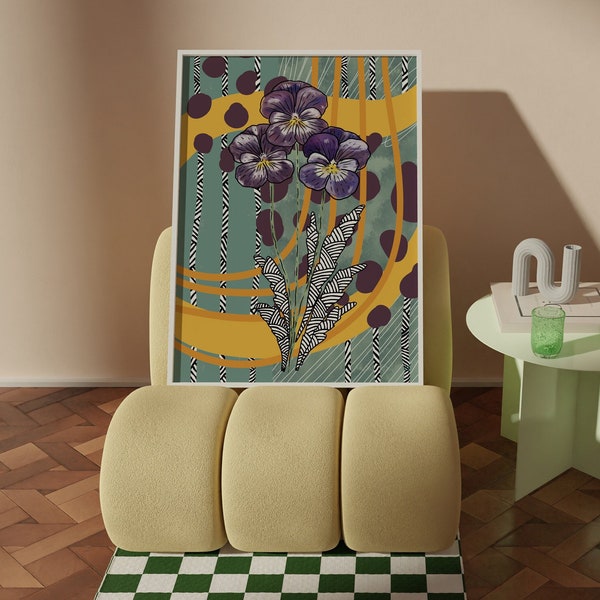 Violettes Blumenposter für büro, grünes und lila botanisches Kunstwerk, abstract floreale Raumdekoration, künstlerisches Geschenk für Mutter