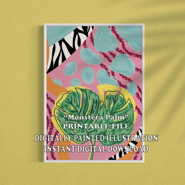 Pink and Turquoise DIgital Wall Art, Monstera Palm Printable Art, Colorful and Trendy  Poster, Original Art Gift for Woman, Summer Vibes Art