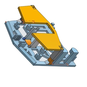 Può includere: Un modello 3D di un dispositivo meccanico complesso con una piastra di metallo gialla e una base blu e grigia. Il dispositivo ha più ingranaggi e altri componenti.