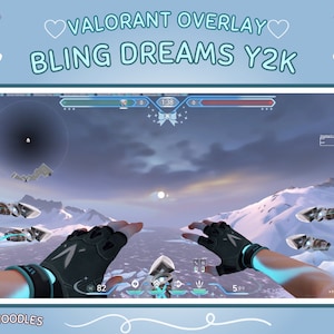 Peut inclure: Une capture d'écran d'une partie de Valorant sur une carte enneigée. Le joueur regarde une chaîne de montagnes enneigées avec un soleil brillant au loin. Les mains du joueur sont visibles en bas de l'écran, tenant une arme. L'interface du jeu est visible en haut de l'écran, affichant le score, le chronomètre et les noms des joueurs. Le texte "BLING DREAMS Y2K" est visible en haut de l'écran.
