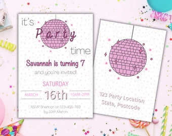 Disco Ball Children's Birthday Party Invitation, Kids Printable Bday Invite, Instant Download Party Supplies, Canva Customizable Template