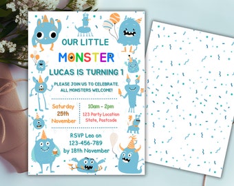 Invito alla festa di compleanno per bambini a tema mostro, invito di compleanno stampabile per bambini, modello personalizzabile Canva, forniture per feste a download istantaneo