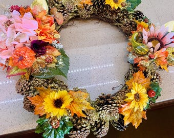 Fall Floral Wreath with Pumpkins - Handmade from Real Arkansas Pinecones - Door Sign with Pampas & Bow