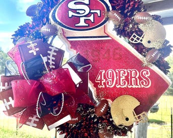 NFL Wreath from Real Arkansas Pinecones - Football Season Front Door Decor with Ribbon Bow & Sign - Choose Your Team - San Francisco 49ers