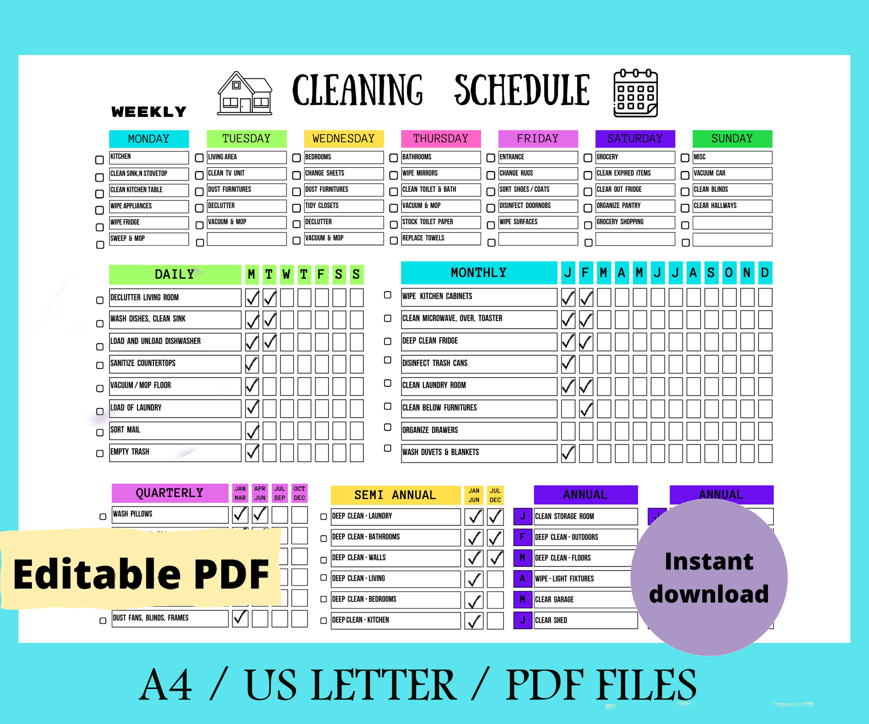 Editable Cleaning Schedule Printable Weekly, Monthly, Yearly Cleaning Checklist , ADHD, Cleaning