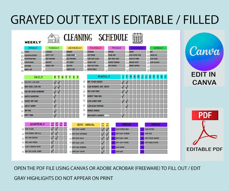 Editable Cleaning Schedule Printable Weekly, Monthly, Yearly Cleaning Checklist , ADHD, Cleaning