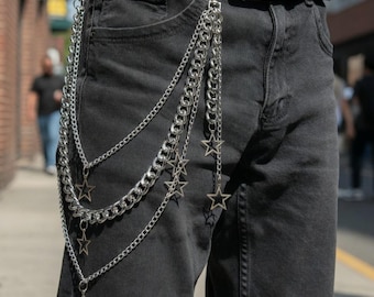 Llaveros de cadena de capas estilo punk rock metal para hombre y mujer. Llavero para la cintura, cartera, jeans, pantalones hip-hop, cadenas para cinturón, joyería. Cadena de estrella para pantalones.