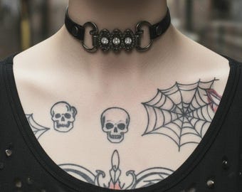 Handmade leather choker High Quality leather with metal Rhinestone ring chokers leather rocker style chokers - Leather Gothic Choker !