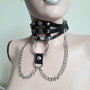 Handmade leather choker High Quality leather with metal ring chokers leather rocker style chokers - Leather Gothic Chain Choker !